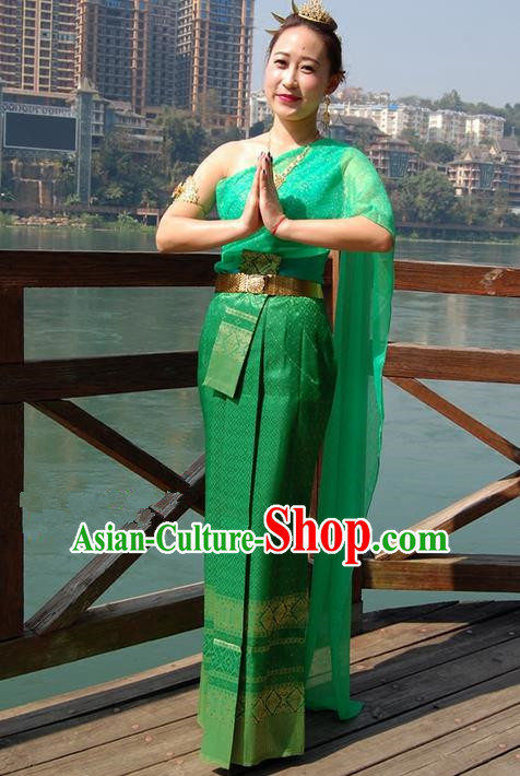 Traditional Traditional Thailand Princess Clothing, Southeast Asia Thai Ancient Costumes Dai Nationality Green Sari Dress for Women