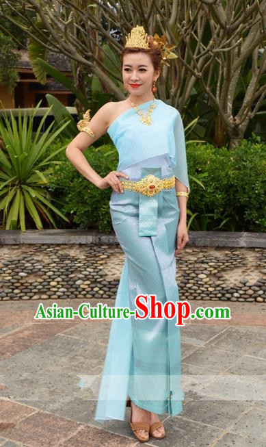 Traditional Traditional Thailand Female Clothing, Southeast Asia Thai Ancient Costumes Dai Nationality Water-Sprinkling Festival Blue Sari Dress for Women
