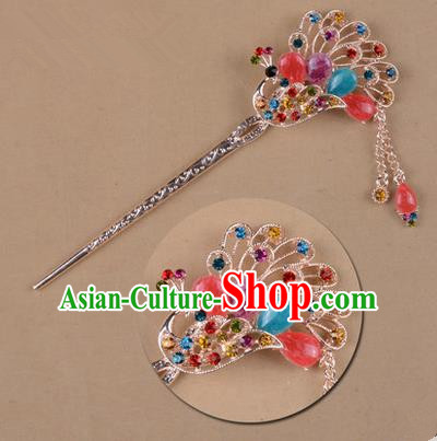 Top Grade Chinese Ancient Peking Opera Hair Accessories Diva Colours Crystal Peacock Hairpins Step Shake, Traditional Chinese Beijing Opera Hua Tan Hair Clasp Head-ornaments