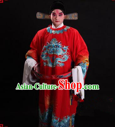 Traditional Chinese Beijing Opera Male Red Clothing and Shoes Complete Set, China Peking Opera Emperor Costume Embroidered Gwanbok Robe Opera Costumes