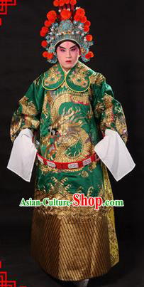 Traditional Chinese Beijing Opera Emperor Clothing and Headwear Complete Set, China Peking Opera His Royal Highness Embroidered Dragon Robe Green Opera Costumes