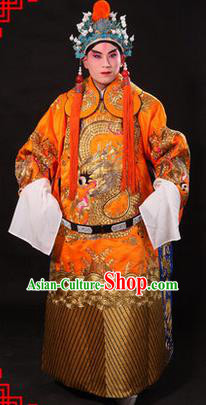 Traditional Chinese Beijing Opera Emperor Clothing and Headwear Complete Set, China Peking Opera His Royal Highness Embroidered Dragon Robe Yellow Opera Costumes