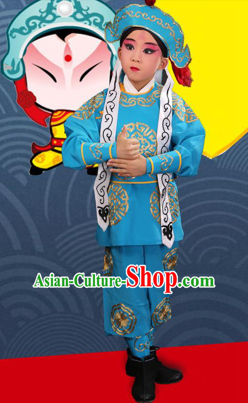 Traditional Chinese Beijing Opera Children Martial Blue Clothing, China Peking Opera Wu Sheng Costumes and Shoes Complete Set for Kids