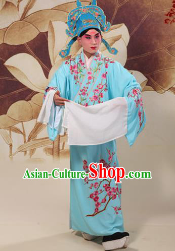 Traditional Chinese Beijing Opera Niche Blue Dress Clothing and Boots Complete Set, China Peking Opera Young Men Costume Embroidered Wintersweet Robe Opera Costumes