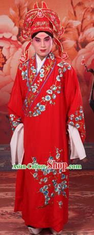 Traditional Chinese Beijing Opera Niche Red Dress Clothing and Boots Complete Set, China Peking Opera Young Men Costume Embroidered Wintersweet Robe Opera Costumes