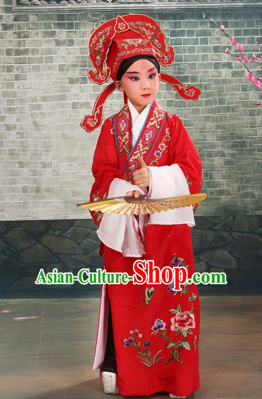 Traditional Chinese Beijing Opera Niche Red Children Clothing and Boots Complete Set, China Peking Opera Young Men Costume Embroidered Robe for Kids