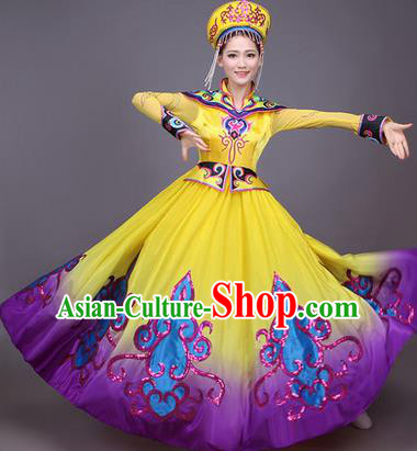 Traditional Chinese Mongol Nationality Dance Costume, Mongols Female Folk Dance Ethnic Pleated Skirt, Chinese Mongolian Minority Nationality Embroidery Dress for Women