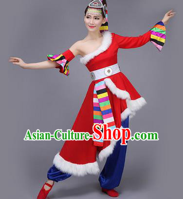 Traditional Chinese Zang Nationality Dance Costume, Folk Dance Ethnic Clothing Suit, Chinese Tibetan Minority Nationality Red Dress for Women