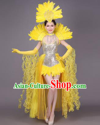 Traditional Chinese Modern Dance Performance Costume, China Opening Dance Samba Dance Clothing, Classical Dance Yellow Dress for Women