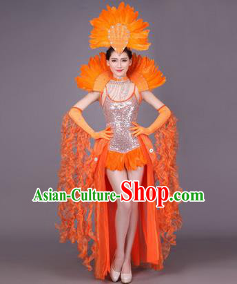 Traditional Chinese Modern Dance Performance Costume, China Opening Dance Samba Dance Clothing, Classical Dance Orange Dress for Women