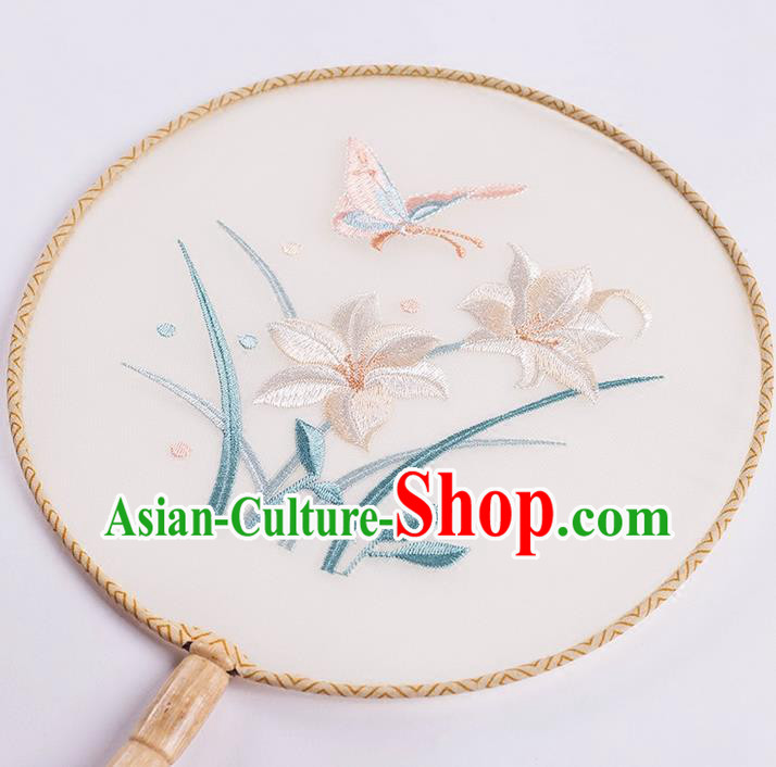 Traditional Chinese Ancient Silk Embroidered Orchids Round Fans for Women