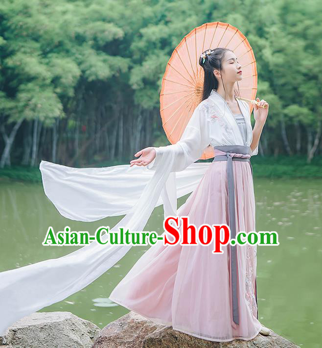 Traditional Chinese Song Dynasty Palace Lady Costume Complete Set, Elegant Hanfu Clothing Embroidered Cardigan Suspenders and Dress, Chinese Ancient Princess Clothing for Women