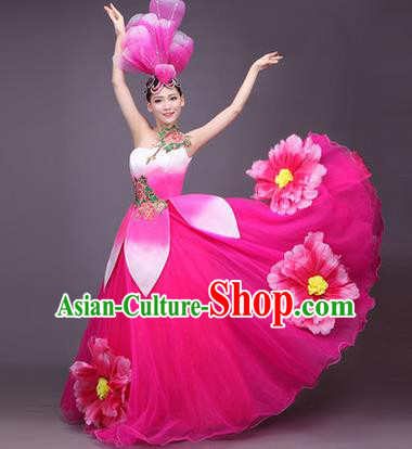 Top Grade China Opening Dance Costume, Female Chorus Classical Dance Dress, Chinese Modern Dance Big Swing Peony Pink Bubble Dress for Women