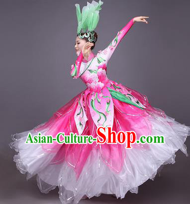 Top Grade China Opening Dance Costume, Female Chorus Classical Dance Dress, Chinese Modern Dance Big Swing Pink Bubble Dress for Women
