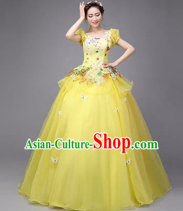 Traditional Chinese Modern Dance Compere Performance Costume, China Opening Dance Chorus Full Dress, Classical Dance Big Swing Yellow Veil Bubble Dress for Women