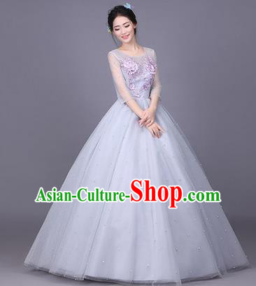 Traditional Chinese Modern Dance Compere Performance Costume, China Opening Dance Chorus Full Dress, Classical Dance Big Swing Grey Bubble Dress for Women