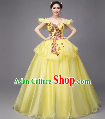 Traditional Chinese Modern Dance Compere Performance Costume, China Opening Dance Chorus Full Dress, Classical Dance Big Swing Yellow Dress for Women