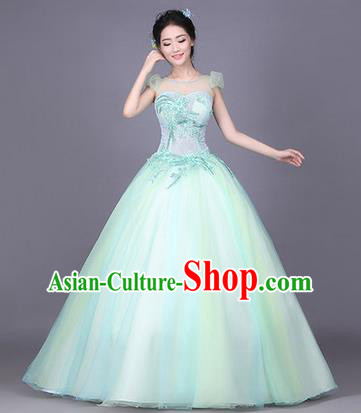 Traditional Chinese Modern Dance Compere Performance Costume, China Opening Dance Chorus Bride Wedding Full Dress, Classical Dance Big Swing Blue Dress for Women