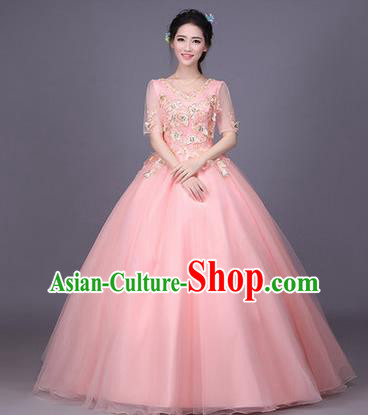 Traditional Chinese Modern Dance Compere Performance Costume, China Opening Dance Chorus Bride Wedding Pink Full Dress, Classical Dance Big Swing Bubble Dress for Women