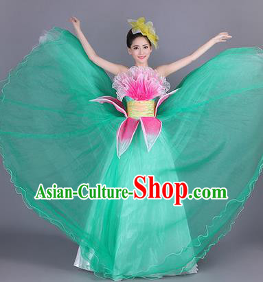 Traditional Chinese Modern Dance Compere Performance Costume, China Opening Dance Chorus Big Swing Full Dress, Classical Lotus Dance Green Dress for Women