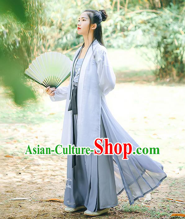 Traditional Chinese Song Dynasty Young Lady Embroidery Costume, Elegant Hanfu Clothing Blouse and Pants Suspenders Complete Set, Chinese Ancient Dress for Women