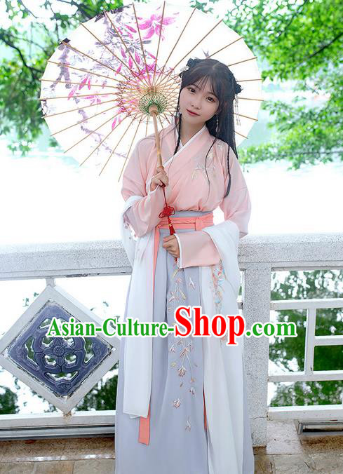 Traditional Chinese Tang Dynasty Palace Princess Embroidered Flowers Hanfu White Wide Wearing Silks for Women