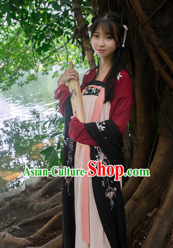 Traditional Chinese Tang Dynasty Palace Princess Embroidered Flowers Hanfu Black Wide Wearing Silks for Women