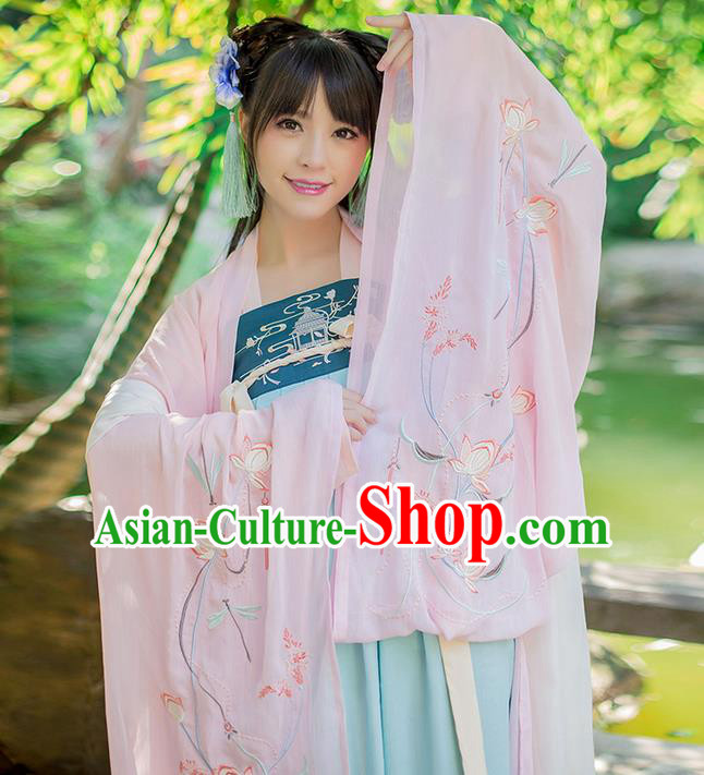 Traditional Chinese Tang Dynasty Palace Princess Costume, Elegant Hanfu Clothing Embroidered Chiffon Pink Wide Sleeve Cardigan, Chinese Ancient Princess Clothing for Women