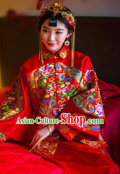 Traditional Chinese Wedding Costume Xiuhe Suits Wedding Red Suit, Ancient Chinese Bride Toast Dress Hand Embroidered Peony Phoenix Clothing Longfeng Flown for Women