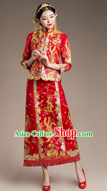 Traditional Chinese Wedding Costume, Traditional Xiuhe Suits Wedding Bride Dress, Ancient Chinese Toast Dress Embroidered Dragon and Phoenix Clothing for Women