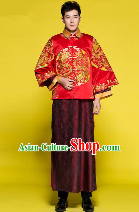Traditional Chinese Wedding Costume Tang Suits Wedding Red Clothing, Ancient Chinese Bridegroom Toast Long Flown for Men