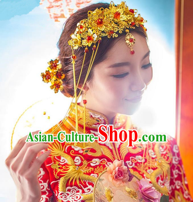 Traditional Chinese Wedding Xiuhe Suit Hair Accessories Hair Comb, Cnina Style Phoenix Coronet Tassel Step Shake, Ancient Chinese Bride Hairpins Head Ornament for Women