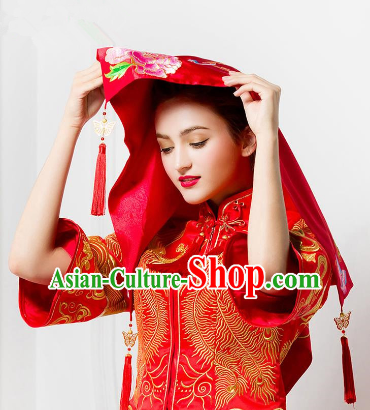Traditional Chinese Wedding Costume Xiuhe Red Bridal Veil, Ancient Chinese Bride Embroidered Peony Chinese Knot Red Head Cover for Women