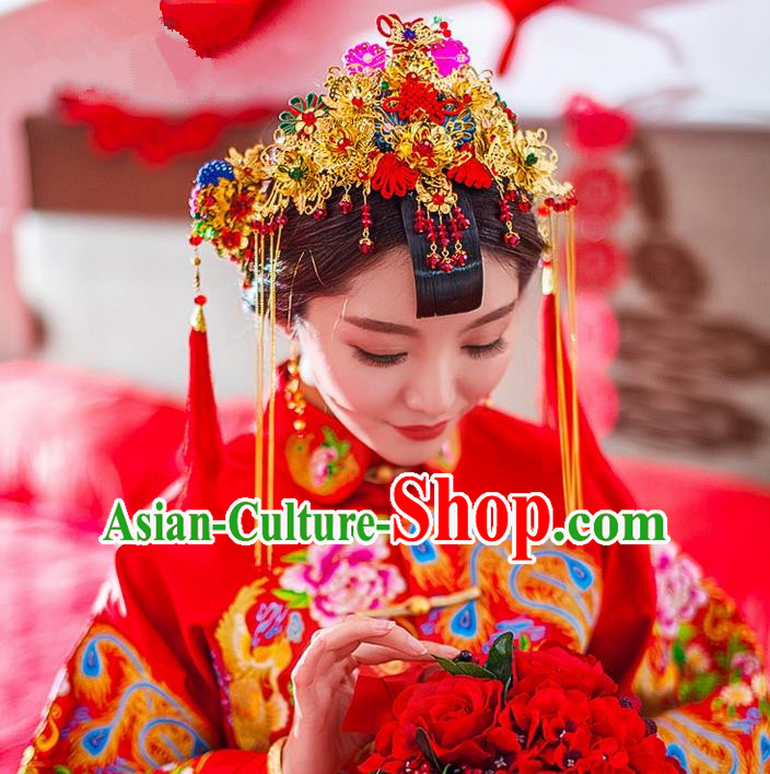 Traditional Chinese Wedding Xiuhe Suit Hair Accessories, Cnina Style Hanfu Phoenix Coronet Tassel Step Shake, Ancient Chinese Bride Hairpins Headwear for Women