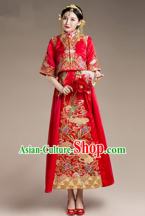 Traditional Chinese Wedding Costume Xiuhe Suit Clothing, Ancient Chinese Bride Embroidered Flowers Phoenix Robes Cheongsam Dress for Women