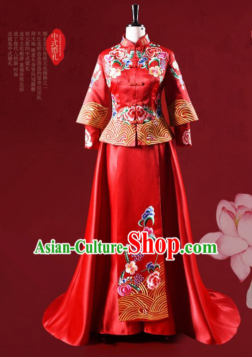 Traditional Chinese Wedding Costume XiuHe Suit Clothing Dragon and Phoenix Flown Bottom Drawer, Ancient Chinese Bride Embroidered Peony Cheongsam Trailing Dress for Women