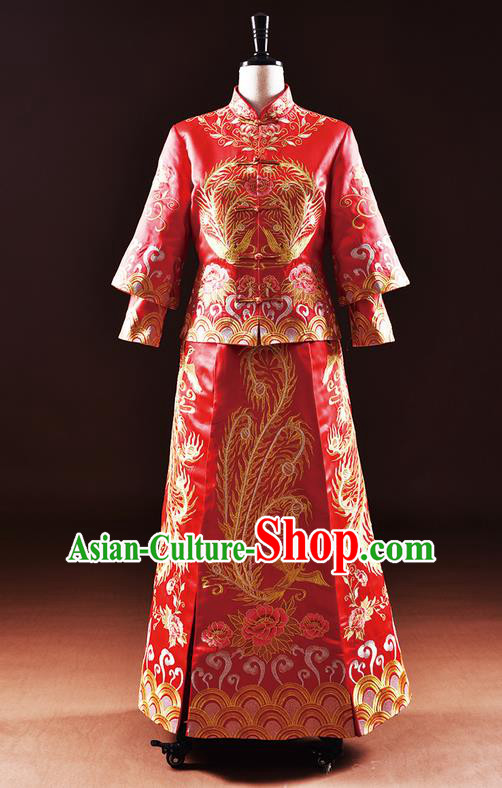 Traditional Chinese Wedding Costume XiuHe Suit Clothing Dragon and Phoenix Flown Wedding Dress, Ancient Chinese Bride Hand Embroidered Cheongsam Dress for Women