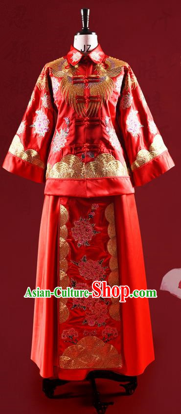Traditional Chinese Wedding Costume XiuHe Suit Clothing Longfeng Flown Wedding Dress, Ancient Chinese Bride Hand Embroidered Peony Cheongsam Dress for Women