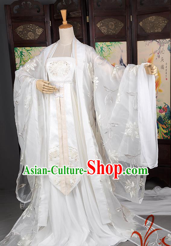 Traditional Chinese Swordswoman Costume, Elegant Hanfu Cosplay Clothing Ancient Chinese Peri White Dress for Women