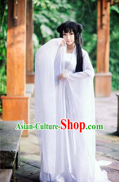 Traditional Chinese Cosplay Peri Costume, Chinese Ancient Hanfu Tang Dynasty Imperial Princess White Dress Clothing for Women