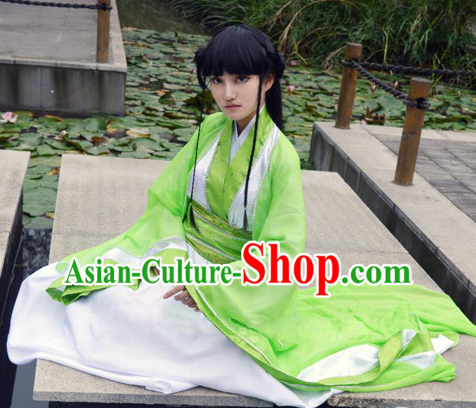 Traditional Chinese Cosplay Young Lady Costume, Chinese Ancient Hanfu Han Dynasty Princess Green Dress Clothing for Women