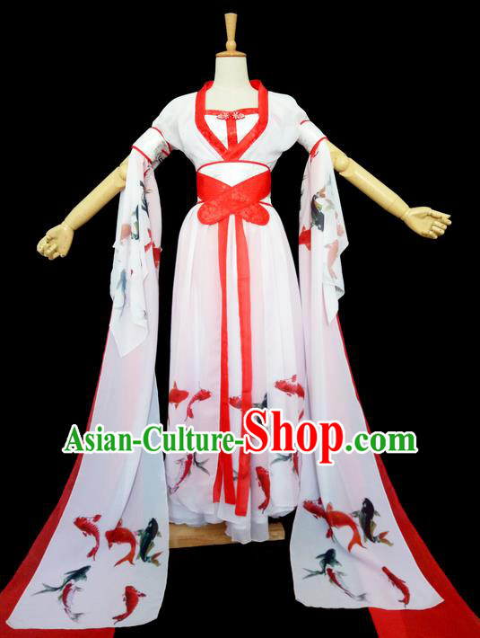 Traditional Chinese Tang Dynasty Imperial Princess Costume, Elegant Hanfu Clothing Blouse and Skirts, Chinese Ancient Young Lady Printing Fancy Carp Dress for Women