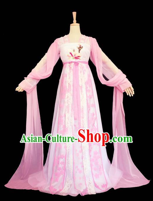 Traditional Chinese Tang Dynasty Imperial Princess Costume, Elegant Hanfu Clothing, Chinese Ancient Young Lady Embroidered Pink Dress for Women