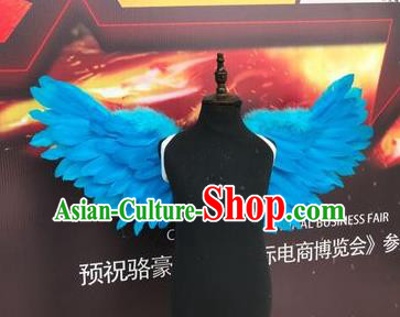 Top Grade Compere Professional Performance Catwalks Halloween Blue Feather Wings, Traditional Brazilian Rio Carnival Dance Fancywork Clothing for Kids