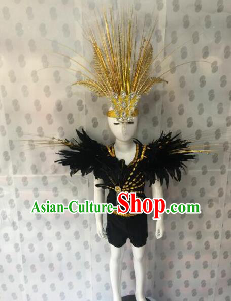 Top Grade Compere Professional Performance Catwalks Costumes, Traditional Brazilian Rio Carnival Dance Feather Dress Fancywork Swimsuit Bikini Clothing for Kids