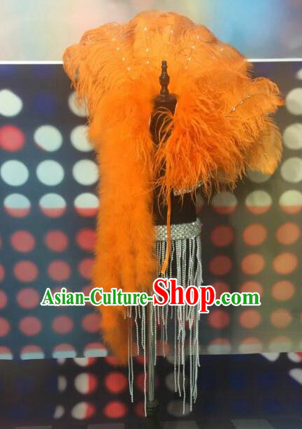 Top Grade Compere Professional Performance Catwalks Orange Feather Cappa, Traditional Brazilian Rio Carnival Samba Opening Dance Swimsuit Tippet Clothing for Kids
