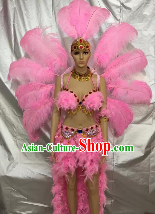 Top Grade Compere Professional Performance Catwalks Pink Feather Costumes, Traditional Brazilian Rio Carnival Samba Opening Dance Suits Modern Fancywork Swimsuit Clothing for Women