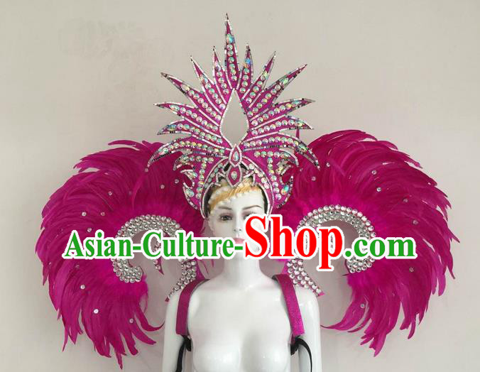 Top Grade Compere Professional Performance Catwalks Rosy Feather Wings and Headpiece, Traditional Brazilian Rio Carnival Samba Opening Dance Suits Modern Fancywork Swimsuit Clothing for Women