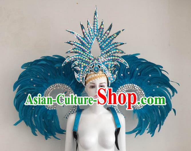 Top Grade Compere Professional Performance Catwalks Blue Feather Wings and Headpiece, Traditional Brazilian Rio Carnival Samba Opening Dance Suits Modern Fancywork Swimsuit Clothing for Women