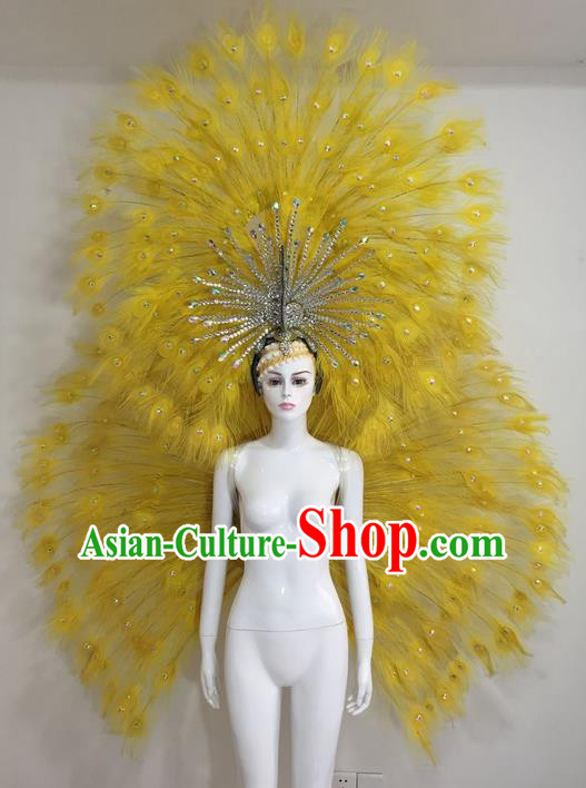 Top Grade Compere Professional Performance Catwalks Yellow Feather Wings Costume and Headpiece, Traditional Brazilian Rio Carnival Samba Opening Dance Suits Clothing for Women